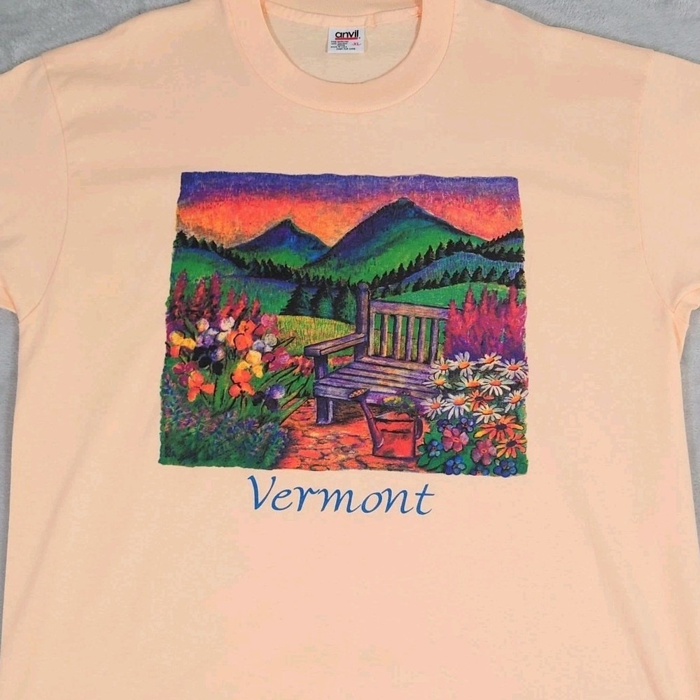 VTG Anvil Vermont Single Stitch T-Shirt Mens XL 80s 90s Art Flowers Peach USA